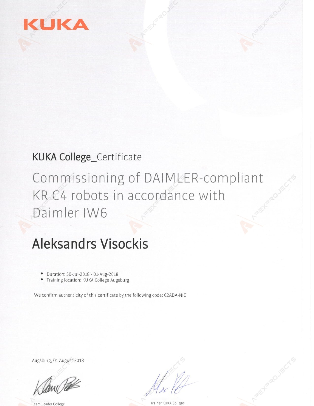 Kuka College Certificate – Commissioning of DAIMLER-compliant KR C4 robots in accordance with Daimler IW6-1_page-0001-min